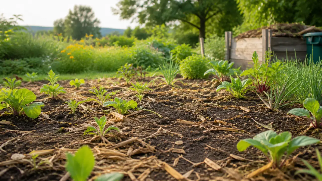 Mains tenant une jeune pousse avec sa motte de terre, lumière dorée du matin et jardin flou en arrière-plan