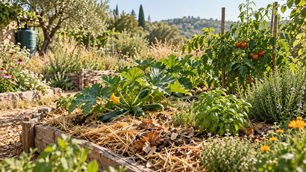 Paillage naturel au pied de plantes dans un jardin après un été sec