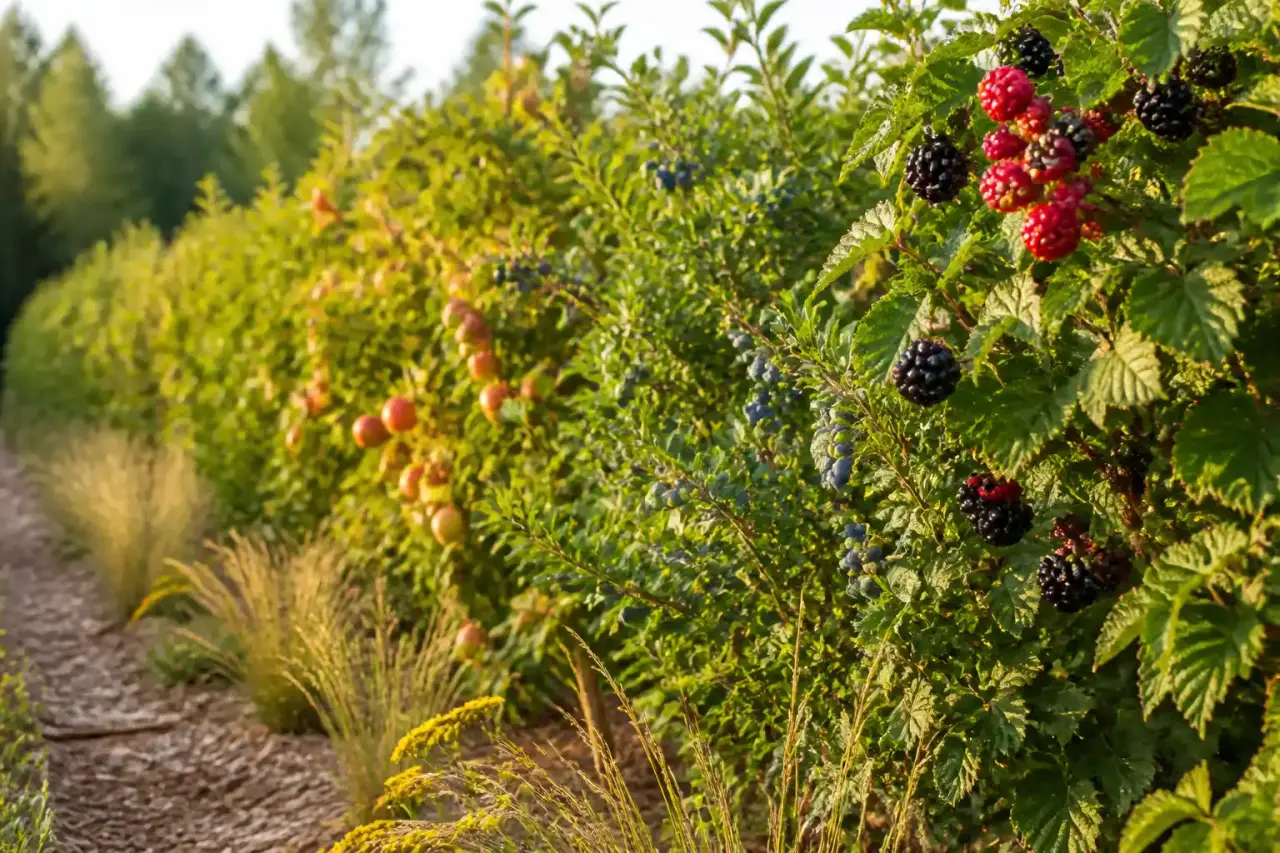 Jeunes arbustes fruitiers paillés dans une haie écologique