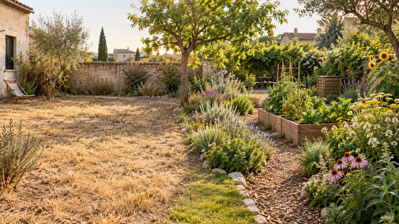Transformation d'une pelouse sèche en jardin vivant avec des plantes variées et un sol paillé