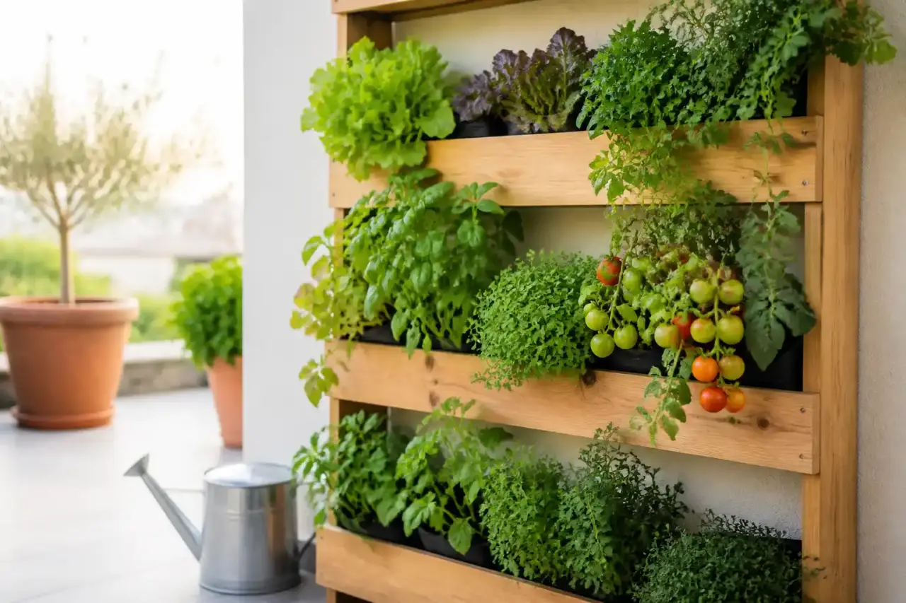 Un potager vertical luxuriant installé sur un balcon ensoleillé, utilisant des matériaux naturels et recyclés